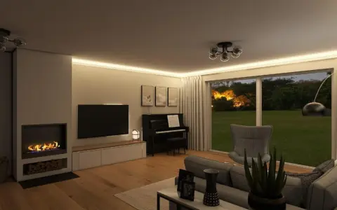 Gemütliches Wohnzimmer mit Kamin, Klavier und großem Fenster zum Garten. Ein perfekter Ort, um stilvoll einzurichten und zu entspannen.