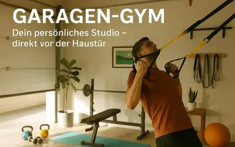 Mann trainiert mit TRX-Bändern in einer Garage, die zu einem Fitnessstudio umfunktioniert wurde. Tolle Garage Gym Ideen für dein Zuhause.