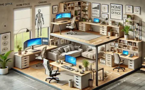 Ein modernes, zweistöckiges Homeoffice einrichten mit mehreren Arbeitsplätzen, gemütlicher Sitzecke und viel Stauraum.