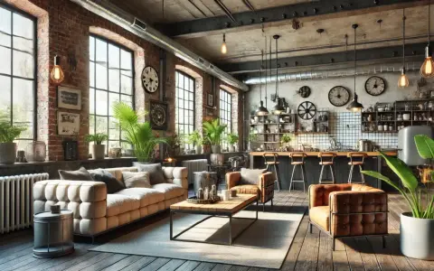 Gemütliches Wohnzimmer im industrial style mit Backsteinwänden, großen Fenstern, bequemen Sofas und einer Küchenzeile.