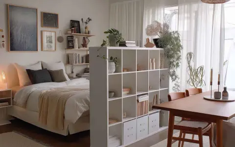 Gemütliche 1 Zimmer Wohnung einrichten 30qm: Bett, Regal als Raumteiler, Esstisch mit Stühlen und Pflanzen.