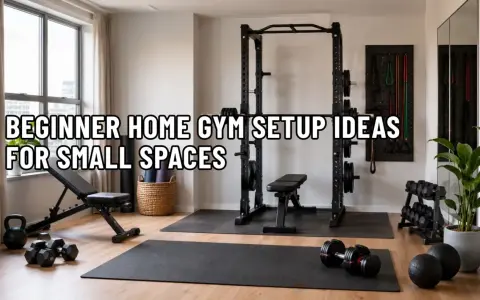 Kleiner Fitnessraum zuhause mit Hanteln, Bank und Power Rack. Perfekt für Anfänger, die Platz sparen wollen.