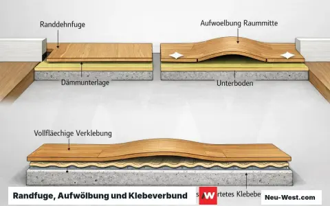 Holzboden-Aufbau mit Randfuge, Aufwölbung und vollflächiger Verklebung.