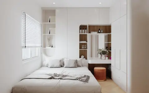 Moderne zimmer einrichten ideen: Ein helles Schlafzimmer mit weißem Bett, integrierten Regalen und einem Schminktisch.