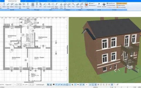 Eine Wohnungsskizze erstellen: Grundriss mit Räumen wie Wohnzimmer, Schlafzimmer, Küche, Bad/WC und Balkon. Daneben die 3D-Ansicht des Hauses.