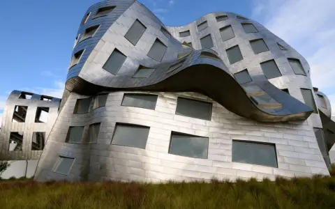 Ein futuristisches Gebäude mit geschwungenen Metallfassaden, typisch für Frank Gehry Bauwerke, ragt aus hohem Gras empor.