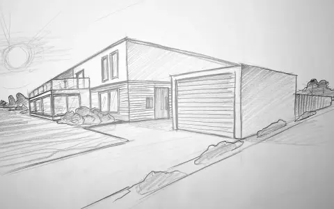 Eine Skizze, um ein modernes Haus zu zeichnen. Das Haus hat einen Balkon, große Fenster und eine Garage.