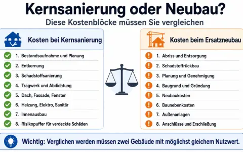 Vergleich von Kostenblöcken bei Kernsanierung (z.B. Planung, Entkernung, Schadstoffsanierung) und Ersatzneubau (Abriss, Neubaukosten).
