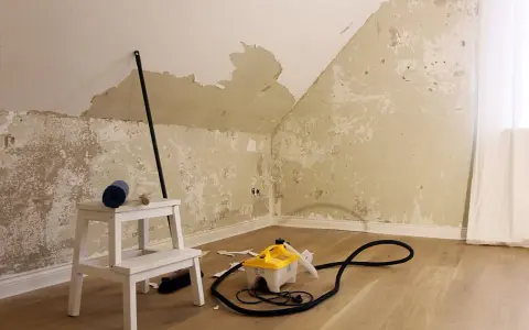 Tapete entfernen: Ein Dampfreiniger und Werkzeuge liegen bereit, um die alte Tapete von den Wänden zu lösen.