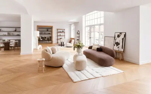 Ein helles Wohnzimmer mit organischen Sofas und einem Essbereich. Verschiedene einrichtungsstile arten werden hier modern interpretiert.