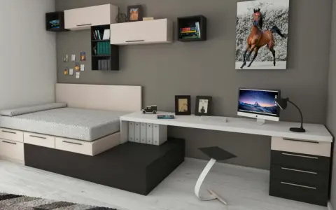 Modernes studentenzimmer einrichten: Bett mit Stauraum, Schreibtisch mit Computer und ein Bild eines galoppierenden Pferdes.