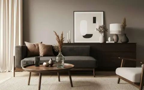Gemütliches Wohnzimmer, in dem sich braun und grau kombinieren. Ein dunkles Sofa mit Kissen, ein runder Holztisch und ein Teppich schaffen eine warme Atmosphäre.