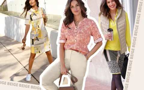 Drei Frauen präsentieren Outfits, die zeigen, welche Farbe passt zu Beige: von gelb-grauem Musterkleid bis zu beige-gelber Weste.
