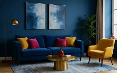 Ein Wohnzimmer mit dunkelblauen Wänden. Ein blauer Samtsofa mit gelben und pinken Kissen. Ein gelber Sessel. Welche Farbe passt zu dunkelblau? Gelb und Pink!
