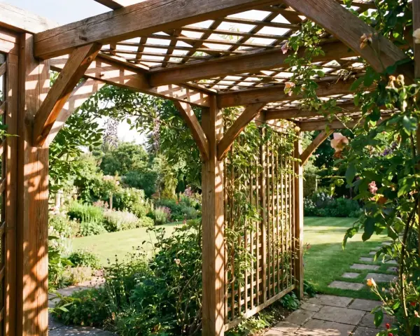 Holzpergola mit Kletterrosen und Glyzinien, die den Garten umrahmen. Die Pergola Bedeutung als romantischer Rückzugsort im Grünen.