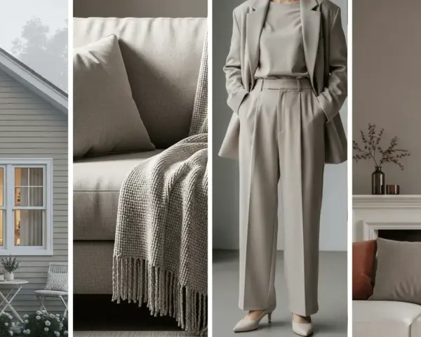 Ein Haus, eine Couch mit Decke, ein Hosenanzug und ein Kamin – alles in harmonischer farbe greige kombinieren.