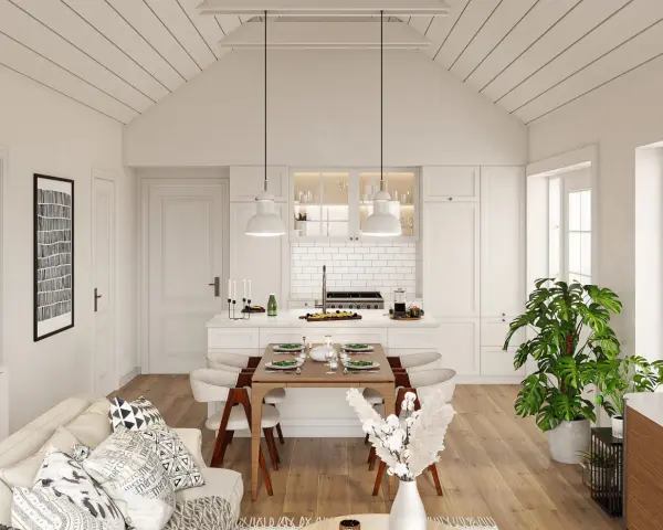 Gemütliches tiny house interior mit Essbereich, Küche und Wohnzimmer. Helle Farben, Holzfußboden und Pflanzen schaffen eine einladende Atmosphäre.