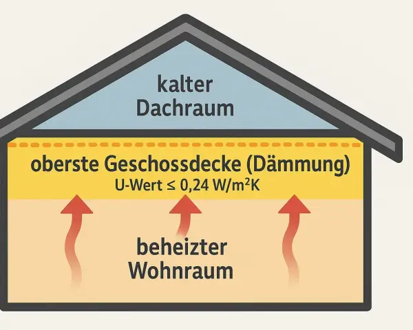 Schema eines Kaltdach-Aufbaus: Warme Luft steigt aus dem beheizten Wohnraum zur gedämmten obersten Geschossdecke auf und gelangt in den kalten Dachraum.