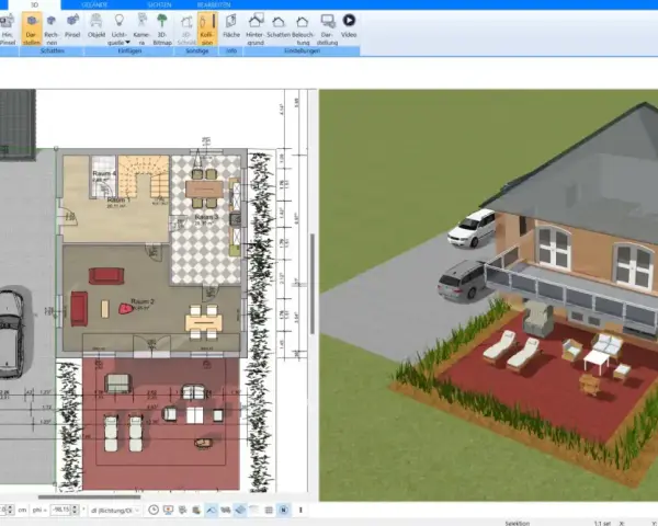 Grundriss eines kleinen Hauses mit 2 Etagen, Garage und Garten. Der Grundriss zeigt Räume, Möbel und Autos.