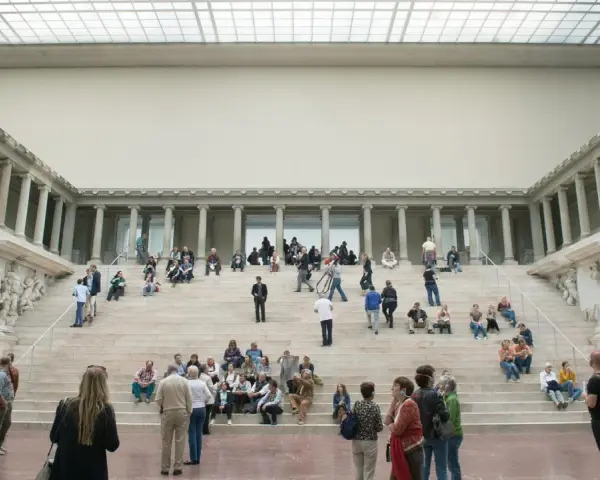 Besucher bestaunen die beeindruckende Architektur des Pergamonmuseums, während die Sanierung im Gange ist.