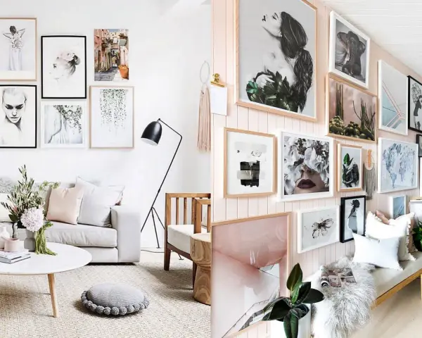 Tolle Fotowand Ideen: Eine Sammlung von Kunstwerken, darunter Porträts, Landschaften und abstrakte Stücke, schmückt die Wände und schafft eine stilvolle Galerie.