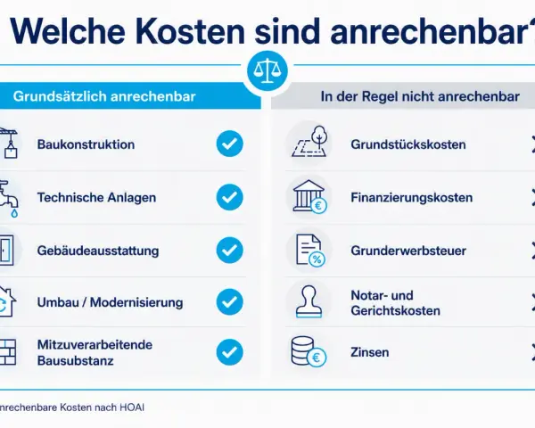 Übersicht anrechenbarer Kosten nach HOAI, z.B. Baukonstruktion, technische Anlagen. Nicht anrechenbar sind Grundstückskosten, Finanzierungskosten, Grunderwerbsteuer, Notar- und Gerichtskosten sowie Zinsen, relevant für die leistungsphase 7.