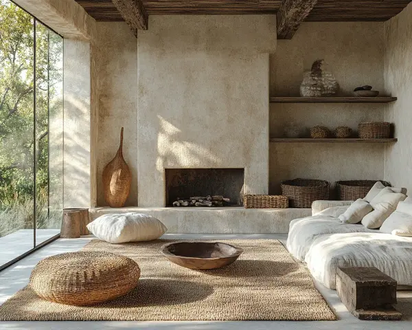 Gemütliches Wohnzimmer im **wabi sabi stil** mit Kamin, großem Fenster und natürlichen Materialien.