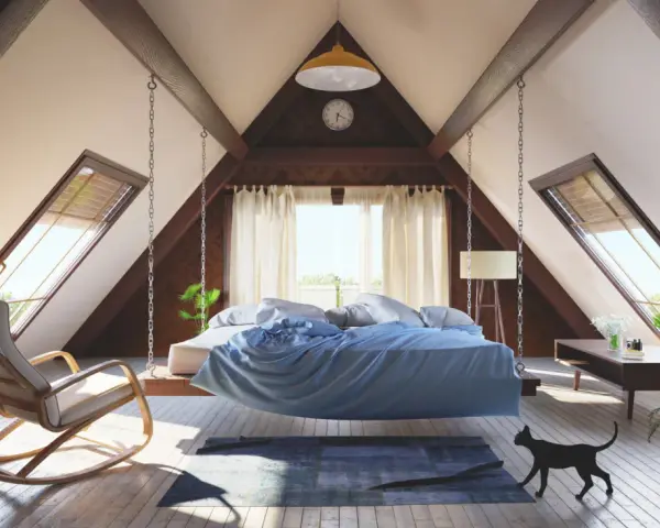 Schlafzimmer im Dachgeschoss: Hängendes Bett, Schaukelstuhl und Fenster. Tolle Ideen für niedrigen Dachboden ausbauen!