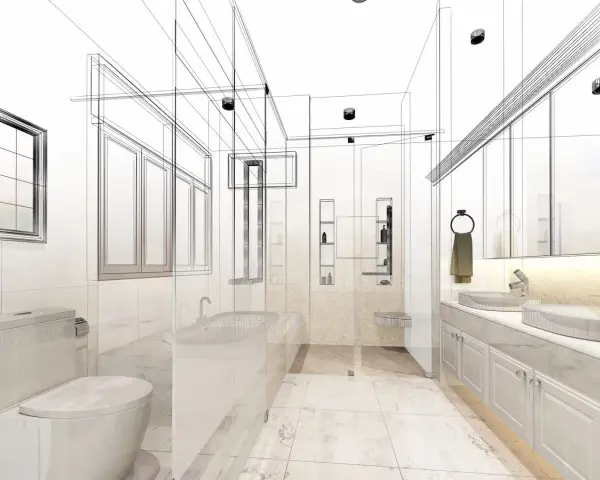 Moderne Waschraum Ideen: ein Entwurf mit Toilette, Badewanne, Doppelwaschbecken und viel Stauraum.