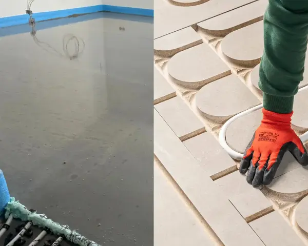 Links: frisch gegossener Estrich. Rechts: Verlegung von Heizungsrohren in einem Trockenestrich-System.