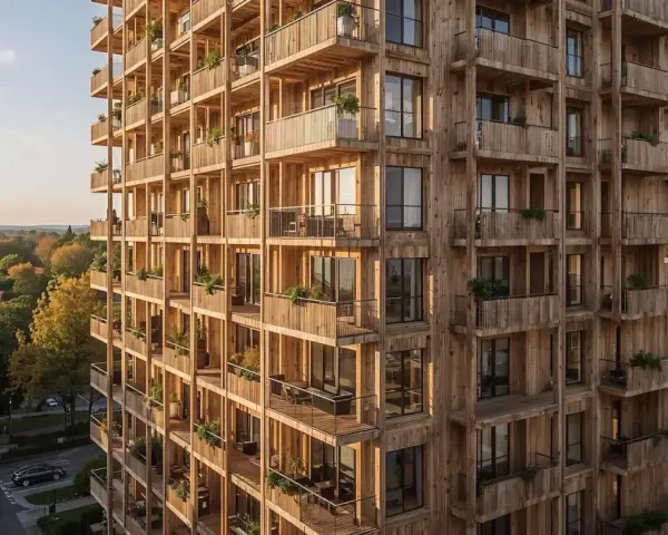 Ein Hochhaus aus Holz, das **nachhaltige Architektur** verkörpert. Viele Balkone mit Pflanzen schmücken die Fassade.