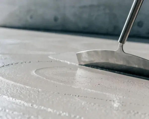 Glatter, nasser Beton wird mit einem Werkzeug bearbeitet, um die Oberfläche für das Beton ausschalen vorzubereiten.