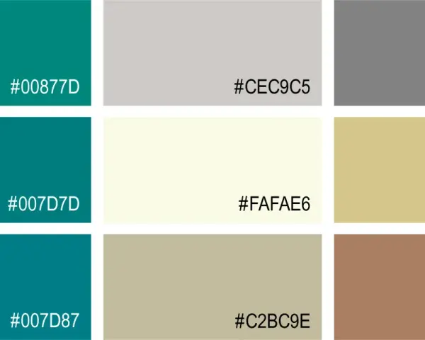 Farbpalette mit Petroltönen und passenden neutralen Farben wie Grau, Beige und Braun. Welche Farbe passt zu Petrol? Hier sind einige Optionen.