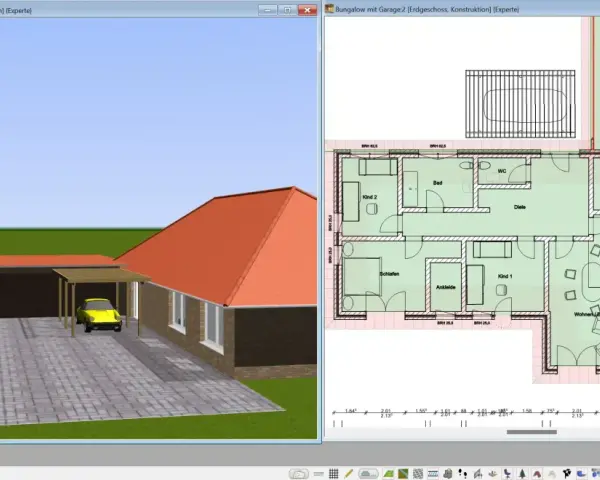 Ein Bungalow ist ein ebenerdiges Haus. Dieses Bild zeigt einen 3D-Entwurf und einen Grundriss eines Bungalows mit Garage.