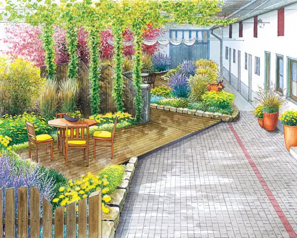 Ein idyllischer Innenhof mit Holzdeck, Sitzgruppe und üppiger Bepflanzung. Tolle Ideen zur Gestaltung eines Innenhofs mit bunten Blumen und Gräsern.