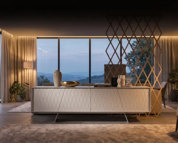 Stilvolles Sideboard dekorieren mit Vasen, Büchern und einer Sanduhr. Ein eleganter Raum mit großen Fenstern und gemütlicher Beleuchtung.