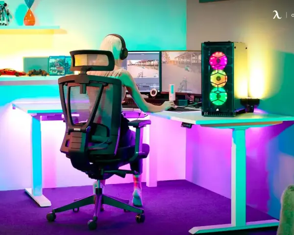 Kleine Gaming-Zimmer-Ideen: Ein Spieler genießt bunte Beleuchtung und zwei Monitore.