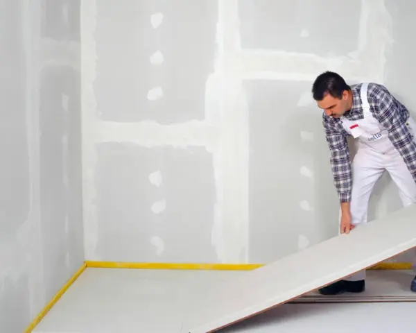 Handwerker verlegt eine Platte für einen Trockenestrich. Verschiedene Estrich Arten sind für unterschiedliche Bauvorhaben geeignet.