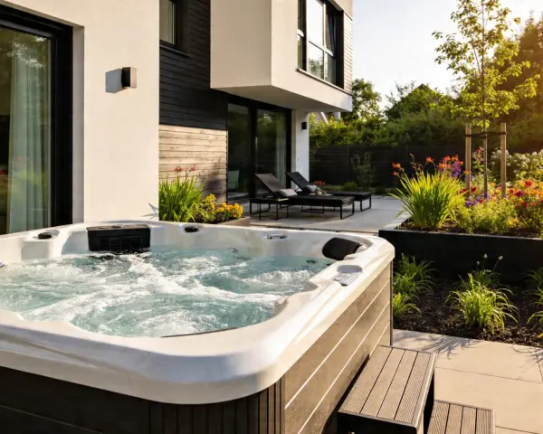 Ein sprudelndes **Jacuzzi** im Garten, umgeben von Blumen und moderner Architektur. Entspannung pur nach einem langen Tag.