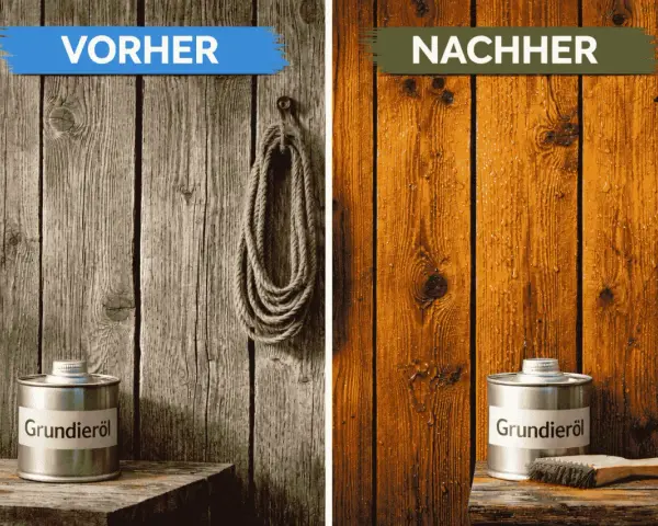 Vorher/Nachher: Graues Holz wird mit Grundieröl zu warmem Braun. Wandfarbe auf Holz schützt und verschönert.