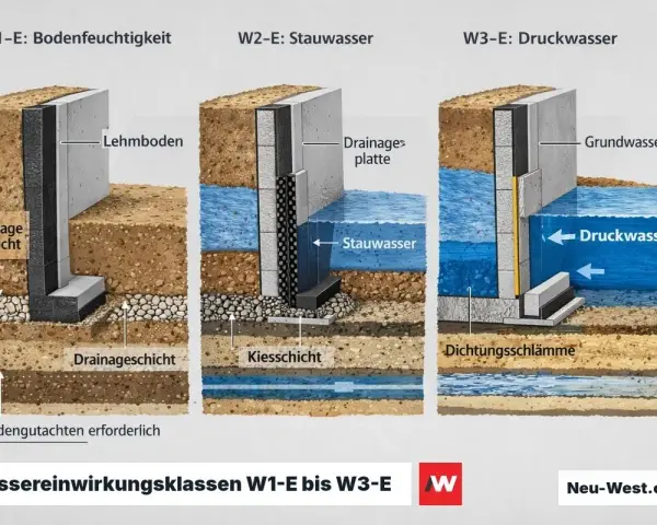 Drei Szenarien zeigen, wie Beton mit Feuchtigkeit, Stauwasser und Druckwasser umgeht. Beton ist wasserdicht, aber die Abdichtung ist entscheidend.
