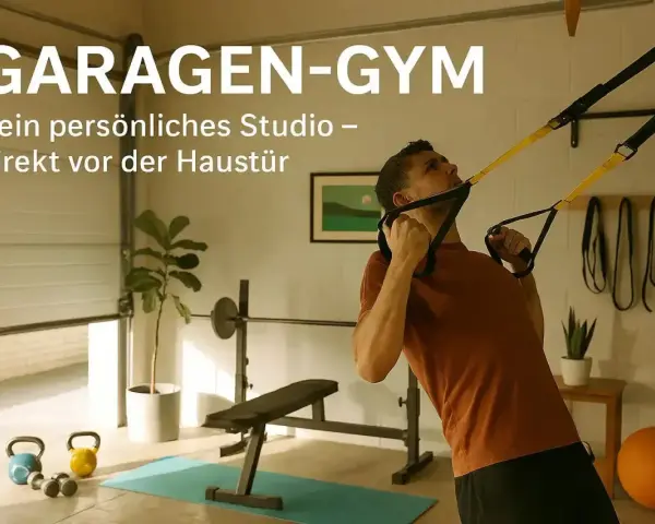 Mann trainiert mit TRX-Bändern in einer Garage, die zu einem Fitnessstudio umfunktioniert wurde. Tolle Garage Gym Ideen für dein Zuhause.