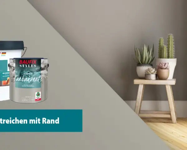 Zwei Eimer Wandfarbe, ein großer weißer und ein kleinerer mit "Farbakzente" Motiv. Daneben ein Hocker mit Pflanzen. Text: "Wand streichen mit Rand".