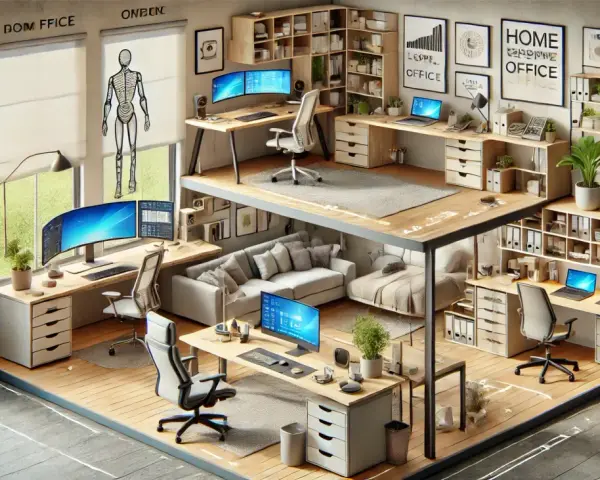 Ein modernes, zweistöckiges Homeoffice einrichten mit mehreren Arbeitsplätzen, gemütlicher Sitzecke und viel Stauraum.