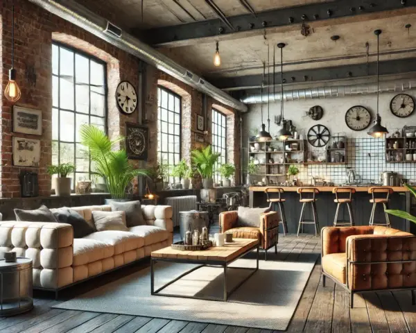 Gemütliches Wohnzimmer im industrial style mit Backsteinwänden, großen Fenstern, bequemen Sofas und einer Küchenzeile.