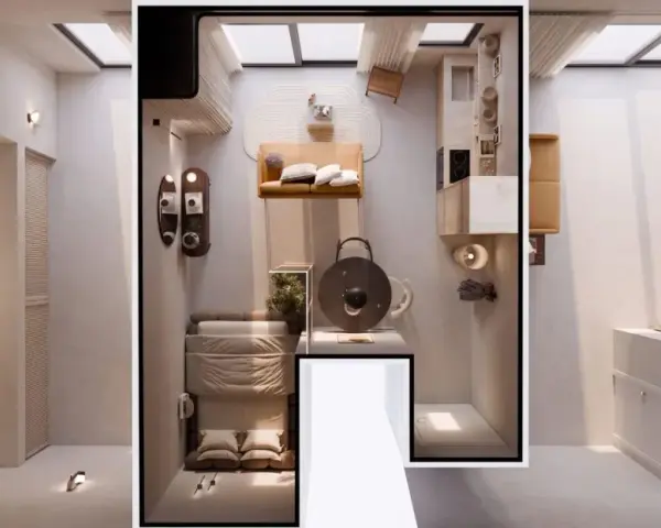 Clever einzimmerwohnung einrichten: Schlafbereich, Küche und Wohnzone sind stilvoll integriert. Minimalistisch und funktional.