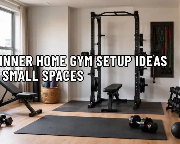 Kleiner Fitnessraum zuhause mit Hanteln, Bank und Power Rack. Perfekt für Anfänger, die Platz sparen wollen.