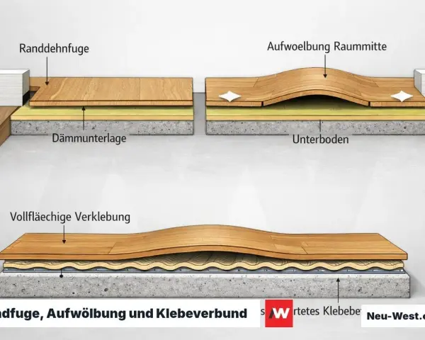 Holzboden-Aufbau mit Randfuge, Aufwölbung und vollflächiger Verklebung.