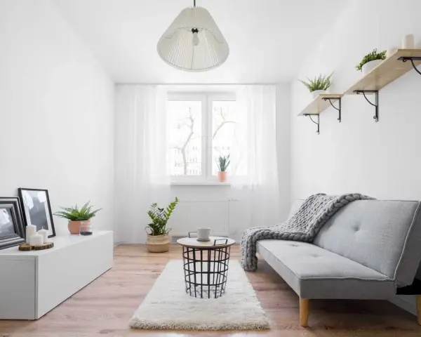 Ein gemütliches Schlauchzimmer einrichten: Helles Sofa, Teppich, Beistelltisch, Pflanzen und Bilder schaffen eine wohnliche Atmosphäre.