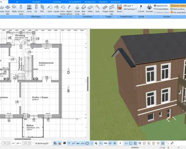 Eine Wohnungsskizze erstellen: Grundriss mit Räumen wie Wohnzimmer, Schlafzimmer, Küche, Bad/WC und Balkon. Daneben die 3D-Ansicht des Hauses.